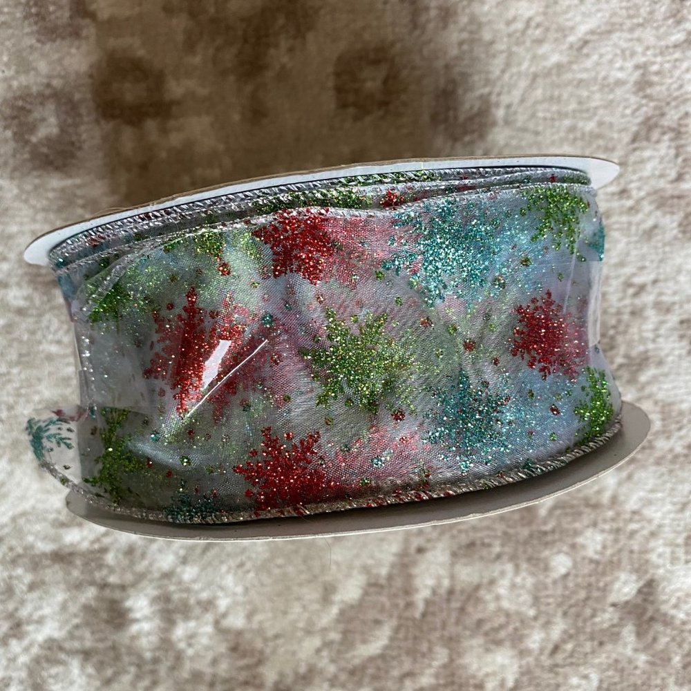 Handmade Holiday Ribbon 2.5 Inches x 100 Ft Sparkle Snowflake Sheer Multicolor
